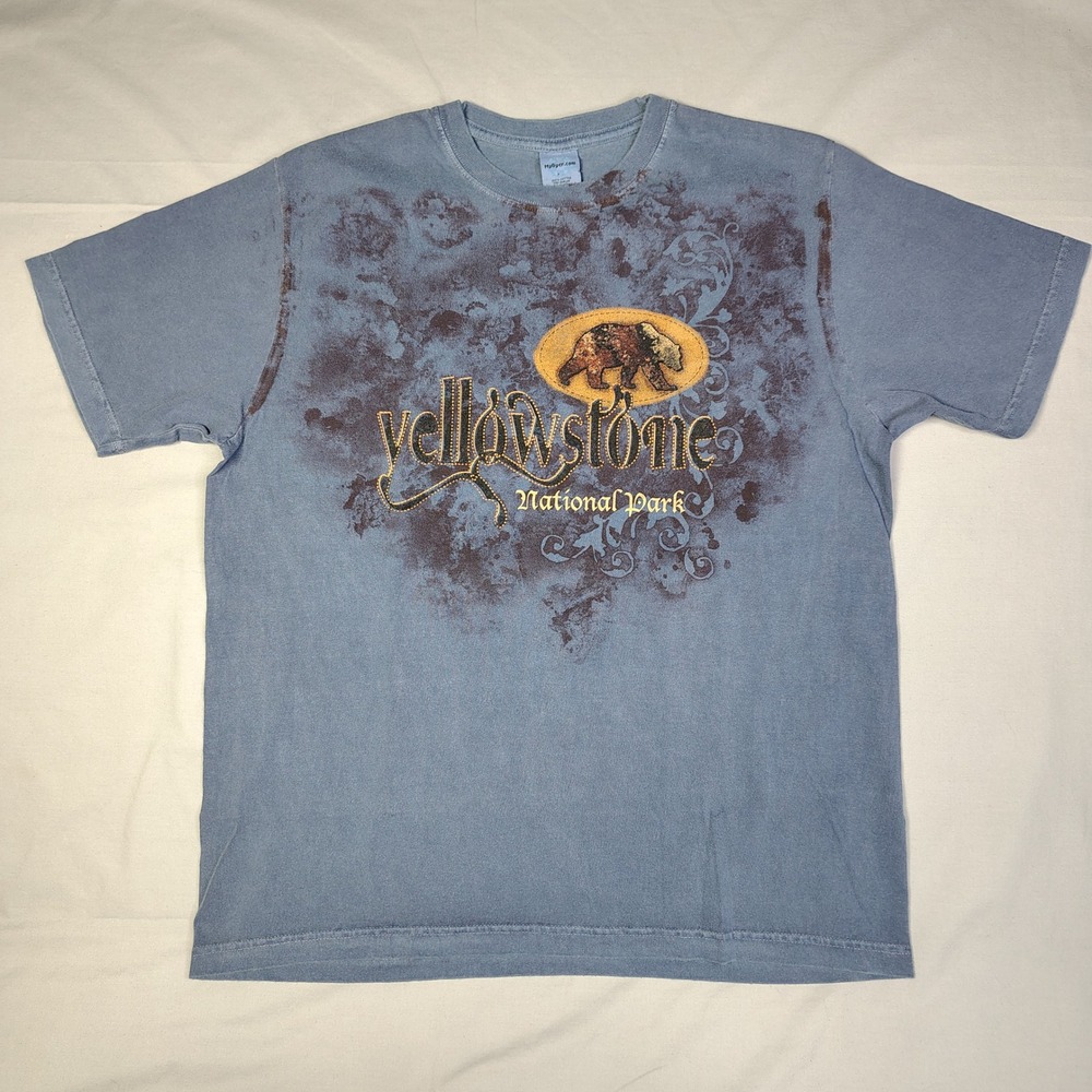 Yellowstone National Park Bear Graphic T-Shirt Blue Mens Medium M Cotton Mydyer